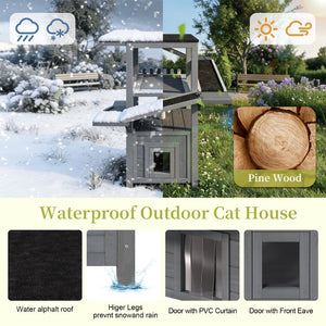 English Elm 4 Tier Outdoor Pine Cat Tower with Waterproof Roof Enclosed Den and Balcony Perch Grey N704P436318E
