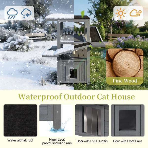 English Elm 4 Tier Outdoor Pine Cat Tower with Waterproof Roof Enclosed Den and Balcony Perch Grey N704P436318E