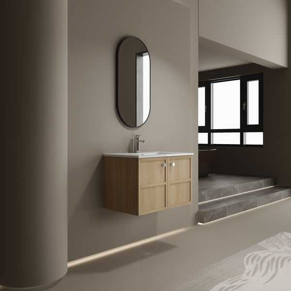 English Elm 30" Oak Wall-Mounted Bathroom Vanity with Ceramic Sink, 2 Soft-Closing Doors, Plywood Build, Space-Saving Design W1972S00022