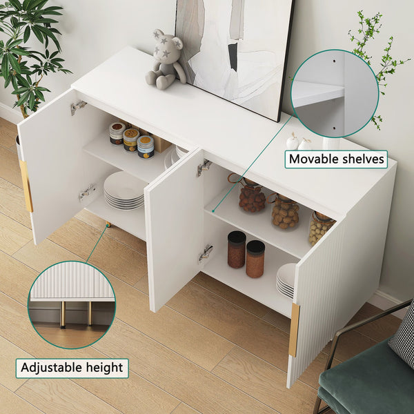 English Elm White Modern Fluted Sideboard Buffet with Adjustable Shelves, Art Deco MDF Credenza Console, Spacious Storage Elegance W1321P171784