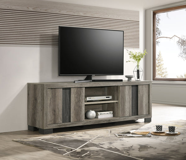 English Elm 1pc Modern Entertainment Console with Industrial Edge, Grey Wood Finish, Open Shelf & Two Drawers Brown Grey 19.69 L x 75 W x 26.38 H B2741P295455