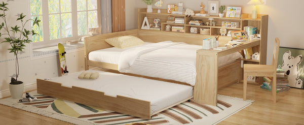 English Elm Wooden Twin Daybed with Trundle Built-in Desk and Open Shelves for Kids Rooms Natural N733S373391M