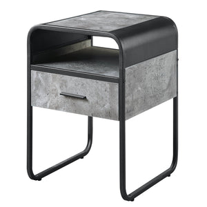 English Elm Concrete Grey and Black End Table with Drawer and Open Shelf, Industrial Metal Frame, Curved Edges B062P185653