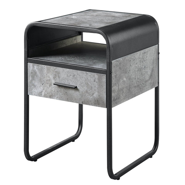 English Elm Concrete Grey and Black End Table with Drawer and Open Shelf, Industrial Metal Frame, Curved Edges B062P185653