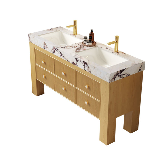 English Elm LONIS 60" Viola Calacatta Purple Sintered Stone Vanity with Double Ceramic Basins, 6-Drawer Oak W2615P279361