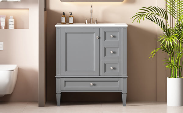 English Elm 30 30 Inch Bathroom Vanity with Ceramic Sink, Modern Compact 3-Drawer Storage Cabinet for Small Baths Grey N710P247499E