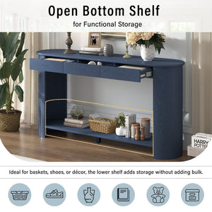 English Elm U_style Oak Veneer Console Table with 3 Drawers Open Shelf Entryway Hallway Storage Navy Blue N711P395523C