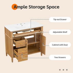 English Elm 36" Modern Bathroom Vanity with Ceramic Sink, Solid Rubber Wood & MDF, Flip Drawer, Soft-Close Doors N725P350825N