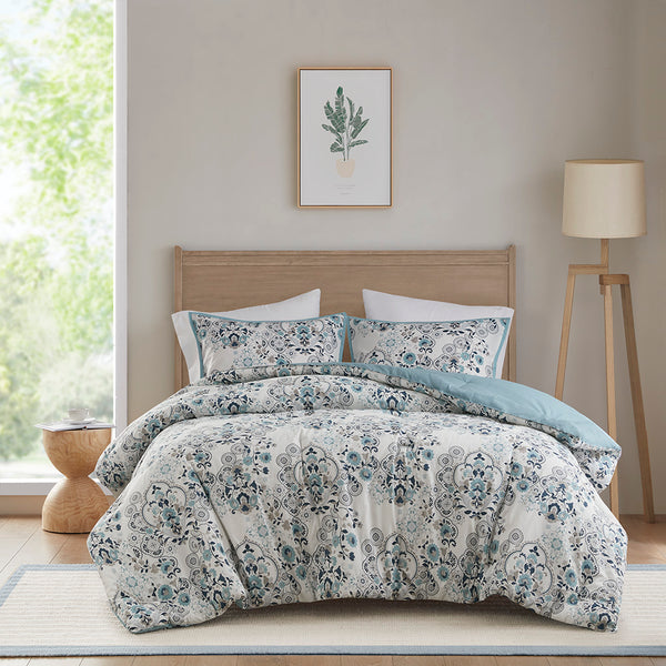 JLA Home Madison Park - 3 Floral Cotton Comforter Set — Modern Farmhouse Botanical Print, OEKO-TEX, Hypoallergenic Fill, Machine Washable MP10-8368