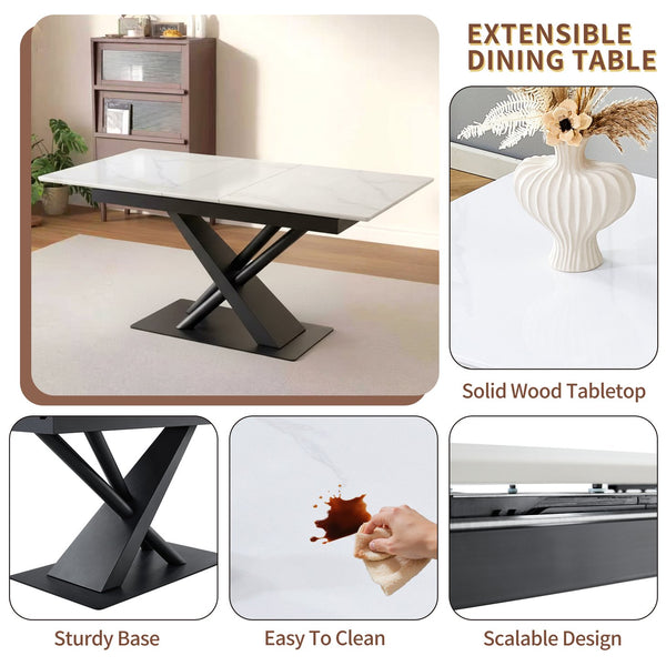 English Elm Modern Extendable Dining Table with Walnut MDF Veneer Top, Dual V-Shaped Metal Base, Sleek Durable Design White Marble W3493S00006