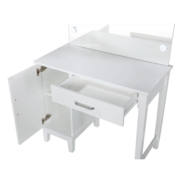 English Elm Elijah White Vanity Set with Lighted Mirror, Stool & Side Cabinet — Timeless Storage, Elegant Design B062S00866