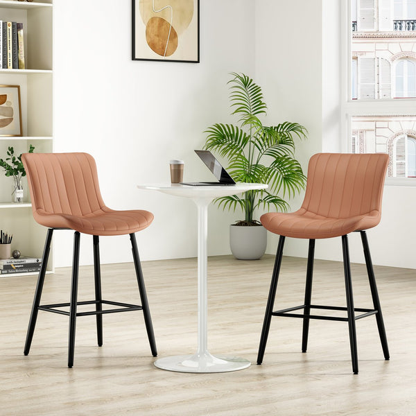 English Elm Counter Stools Set Of 2 - Stylish Mid-Century Modern Dining Chairs With Faux Leather & Metal Legs T3623P368359