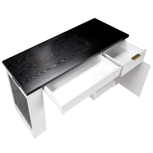 English Elm 55" Fluted White Computer Desk with Power Outlet Pegboard Cabinet and Keyboard Tray W2917P396008