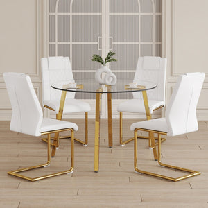 English Elm Table Set - Modern Minimalist Round Clear Glass Table With White High-Back Chairs & Gold Legs W1151S01718-GIGA