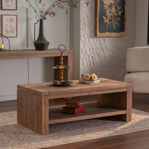 English Elm Solid Wood Rectangular Coffee Table - Rustic 2-Tier Design With Storage Shelf For Living Room Charm W3158P297407-GIGA