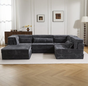 English Elm Compression Mahjong Sofa - Oversized Modular Floor Bed With Ottoman, No Assembly, Soft Fleece Fabric W3723S00037