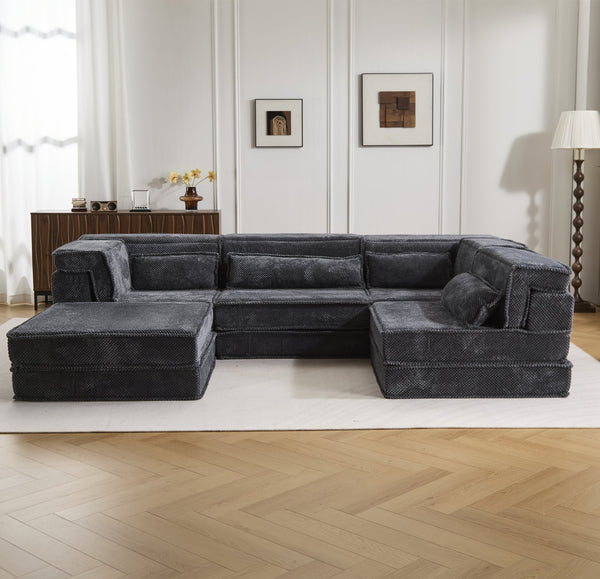 English Elm Compression Mahjong Sofa - Oversized Modular Floor Bed With Ottoman, No Assembly, Soft Fleece Fabric W3723S00037