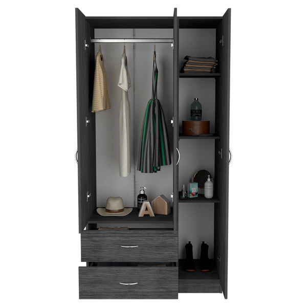 English Elm Austral 3 Door Armoire with Two Drawers, Five Shelves and Hanging Rod — Smokey Oak Finish for Organized Rooms and Bedrooms Smoke Grey 39 L x 22 W x 3 H B200S00360