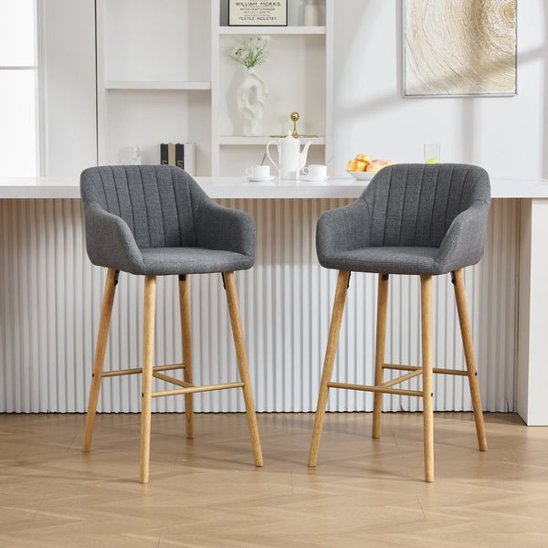 English Elm Modern Linen Upholstered Barstools with Oak Legs Armrests and Footrest for Kitchen Islands Gray W395P396316