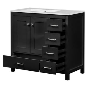 English Elm 36" Black Bathroom Vanity with Ceramic Sink, 2 Soft-Close Doors & 5 Drawers, Modern Storage Elegance N729P183735B