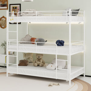 English Elm Heavy-duty triple bunk bed frame with built-in ladder, full guardrails, metal slats, space-saving design White W1935P330701