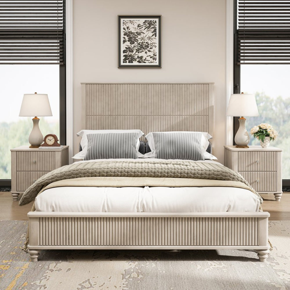English Elm Solid Rubberwood Queen Platform Bed Tall Headboard Natural Grain No Box Spring W1716S00016