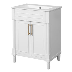 English Elm 24" Bathroom Vanity with Integrated Ceramic Sink and Adjustable Shelf, Vintage Hardware, Space-Saving Design White N710P277711K