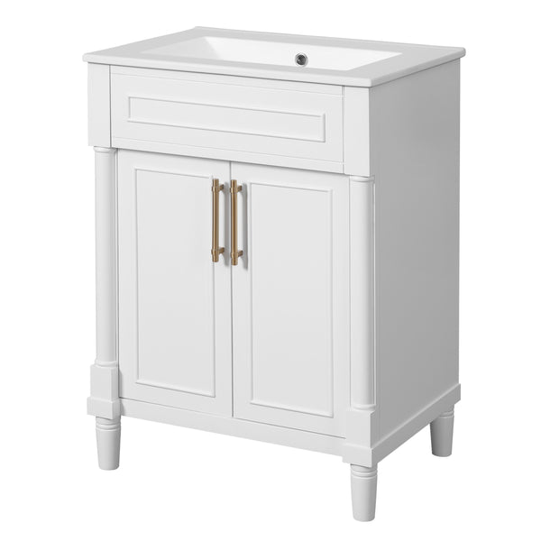 English Elm 24" Bathroom Vanity with Integrated Ceramic Sink and Adjustable Shelf, Vintage Hardware, Space-Saving Design White N710P277711K