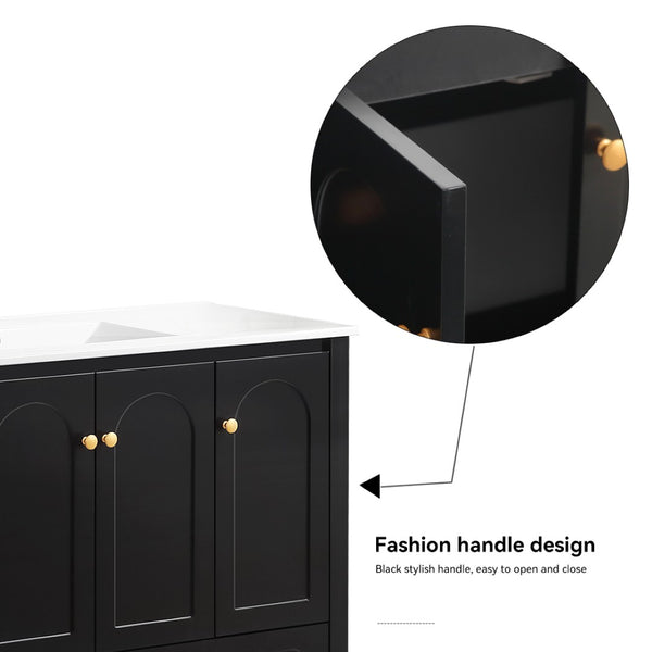 English Elm 48" Matte Black Bathroom Vanity with Ceramic Sink Soft Close Doors and Drawers W3133S00011
