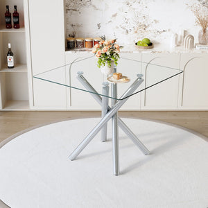 English Elm Modern Tempered Glass Counter Height Pub Table with Electroplated Cross Legs for Home Bar Silver W3875S00007
