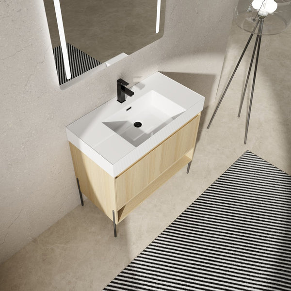 English Elm 36" Bathroom Vanity Combo With Resin Sink, Oak Finish, Stylish Storage & Easy Assembly For Modern Homes W1972S00009