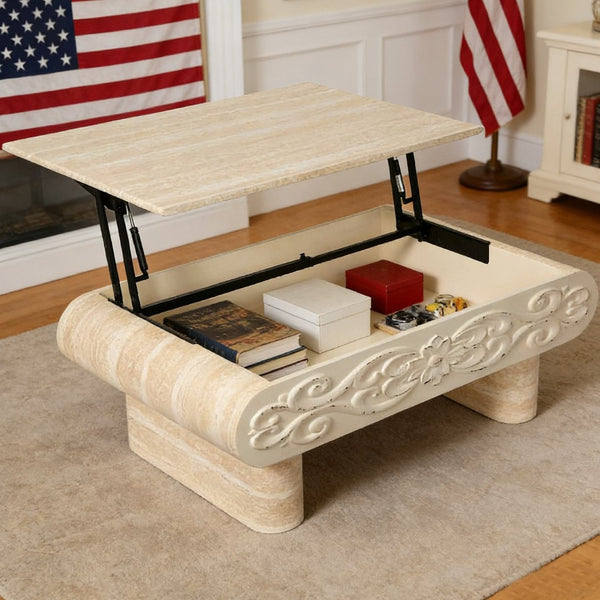 English Elm Rounded Edge Coffee Table Solid Wood Engraved Drawer Modern Living Room Storage Beige+Yellow W3040P428650