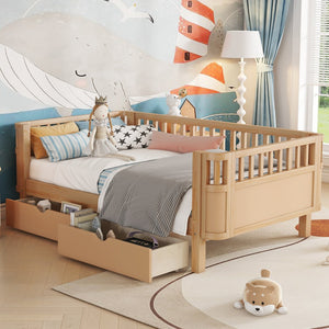 English Elm Twin Solid Wood Platform Bed with Guardrail for Kids, Low-Profile Sturdy Pine Frame, Safe Sleep Solution Natural 69.69 L x 18.5 W x 7.68 H W2593P331680