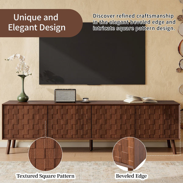 English Elm 70 Inch Fluted Entertainment Center Walnut Finish Solid Wood Legs Soft Close Storage N710P372582P
