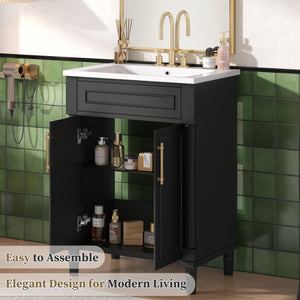 English Elm 24" Bathroom Vanity with Integrated Ceramic Sink and Adjustable Shelf, Vintage Hardware, Space-Saving Design Black N710P277711B