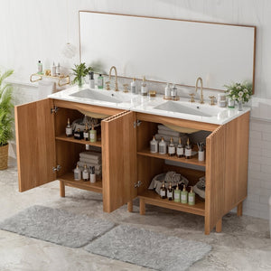 English Elm Modern 48 Inch Freestanding Bathroom Vanity Dual Ceramic Sinks Soft Close Gold Handles N729P000012O