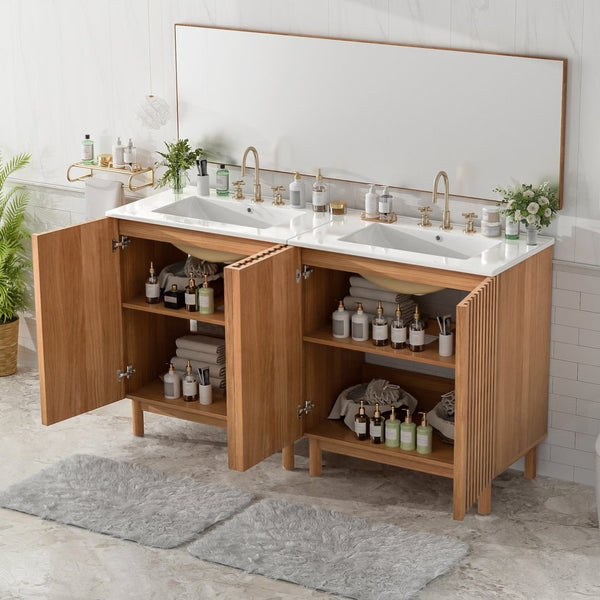 English Elm Modern 48 Inch Freestanding Bathroom Vanity Dual Ceramic Sinks Soft Close Gold Handles N729P000012O