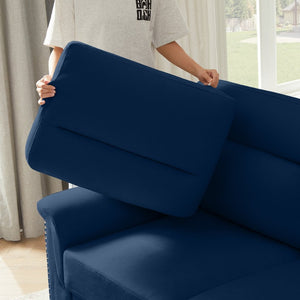 English Elm 82" Chesterfield Snowfleece Upholstered 3-seat Sofa Nailhead Trim Plush Living Room Blue W1359P386025