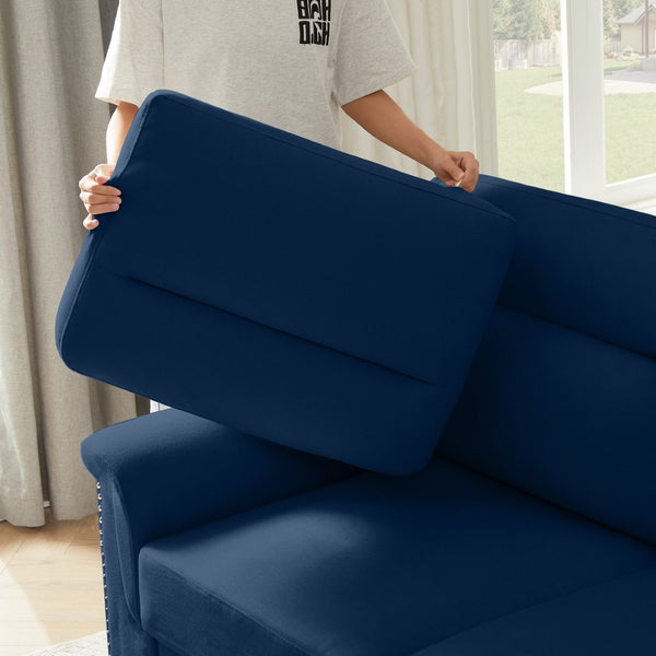 English Elm 82" Chesterfield Snowfleece Upholstered 3-seat Sofa Nailhead Trim Plush Living Room Blue W1359P386025