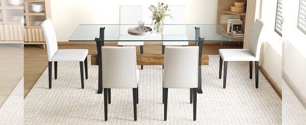 English Elm Table And Chair Set - 79" Tempered Glass Top With Black Metal Legs & 6 White Pu Upholstered Chairs W1151S03621-GIGA