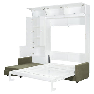English Elm Queen Murphy Bed with L-shaped Velvet Sofa Storage Cabinets for Studio Living White LP000765AAG-1