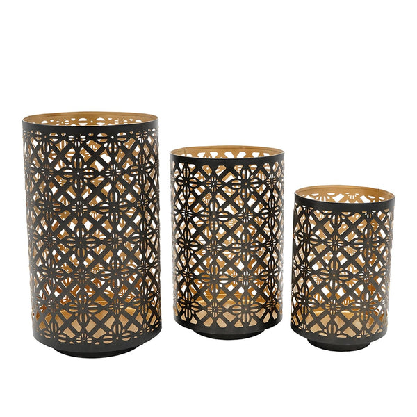 English Elm Set Pierced Metal Lanterns Helena Trio with Moroccan Patterned Cutouts for Ambient Candlelight Decor Black+Gold W2078P370263