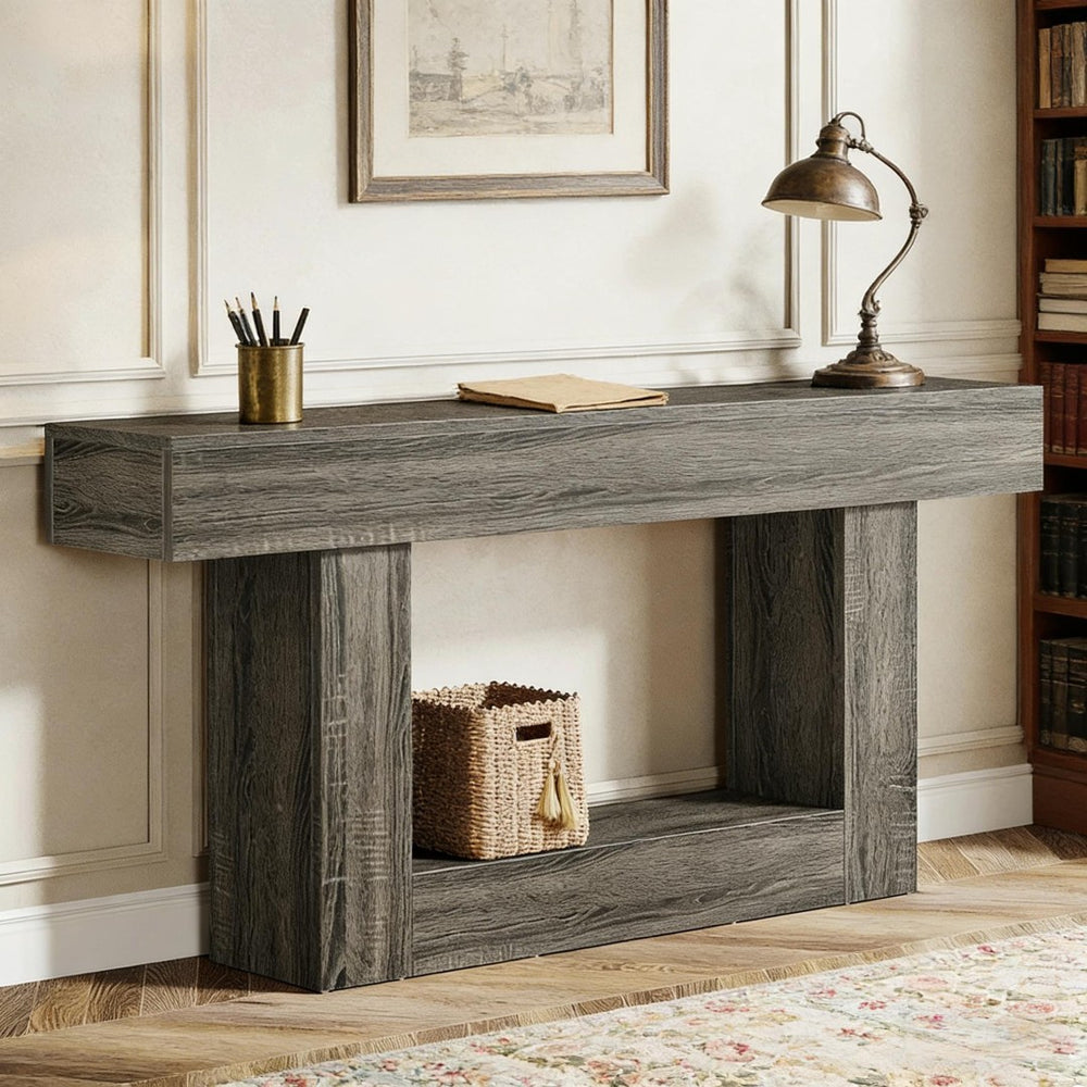 English Elm Practical Geometric Console Table with Matte Black Wood Grain Finish for Entryway or Sofa Dark Gray T3971P454069