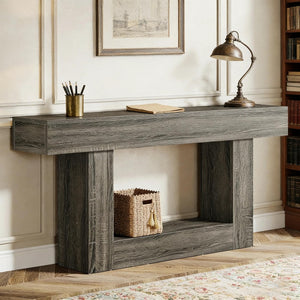English Elm Practical Geometric Console Table with Matte Black Wood Grain Finish for Entryway or Sofa Dark Gray T3971P454069