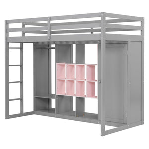 English Elm Twin Loft Bed with Wardrobe Shelves and Cabinet Kids Bedroom Wood Storage Frame Pink+Grey N708S00023E