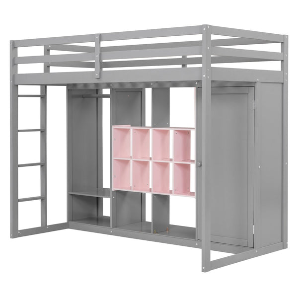 English Elm Twin Loft Bed with Wardrobe Shelves and Cabinet Kids Bedroom Wood Storage Frame Pink+Grey N708S00023E