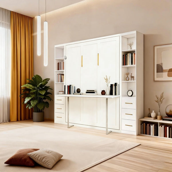 English Elm Desk Murphy Wall Bed Queen with Side Storage Cabinets for Home Office Study W5290S00006