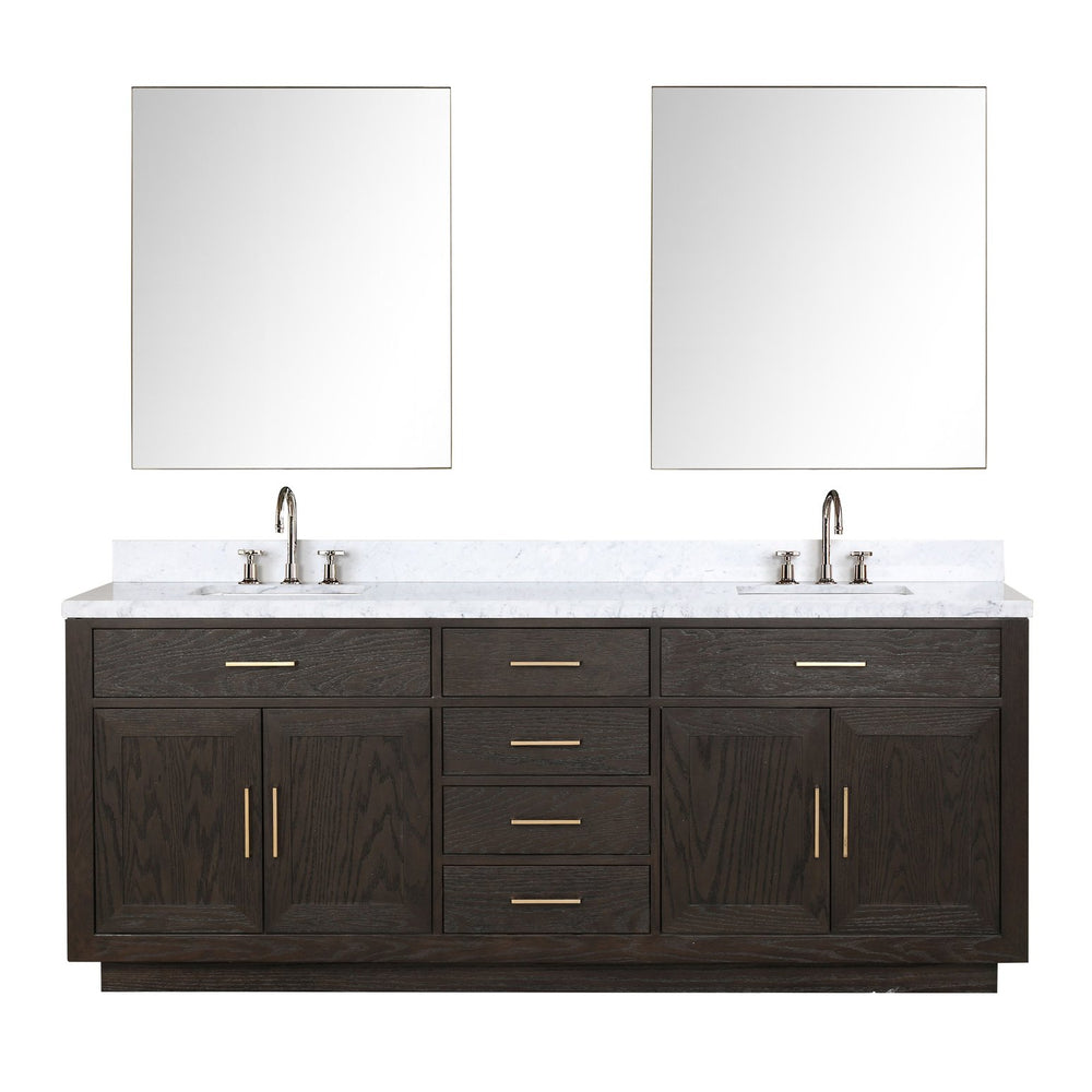 English Elm Brown Oak Double Bath Vanity With Carrara Marble Top, Mirrors & Faucet Set For Elegant Upgrades B2731S01814
