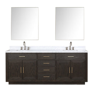 English Elm Brown Oak Double Bath Vanity With Carrara Marble Top, Mirrors & Faucet Set For Elegant Upgrades B2731S01814