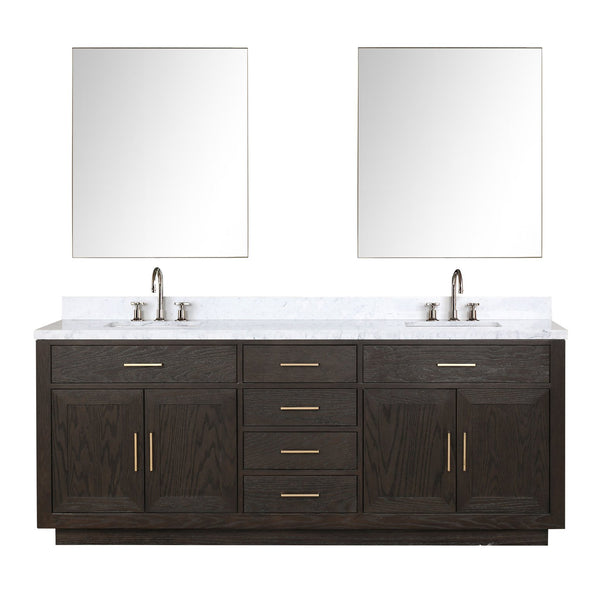 English Elm Brown Oak Double Bath Vanity With Carrara Marble Top, Mirrors & Faucet Set For Elegant Upgrades B2731S01814
